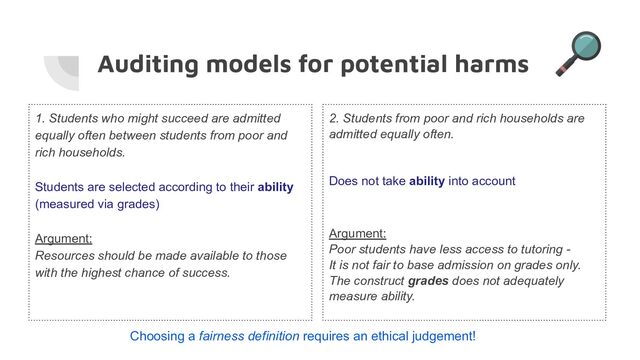 Auditing models for potential harms
1. Students who might succeed are admitted
equally often between students from poor and
rich households.
Students are selected according to their ability
(measured via grades)
Argument:
Resources should be made available to those
with the highest chance of success.
2. Students from poor and rich households are
admitted equally often.
Does not take ability into account
Argument:
Poor students have less access to tutoring -
It is not fair to base admission on grades only.
The construct grades does not adequately
measure ability.
Choosing a fairness definition requires an ethical judgement!
