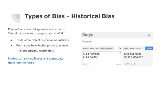 Types of Bias - Historical Bias
Data reﬂects how things were in the past -
We might not want to perpetuate all of it!
● Texts often reﬂect historical inequalities
● Poor areas have higher police presence
→ more arrests / reoffenders
Models can pick up biases and perpetuate
them into the future!
