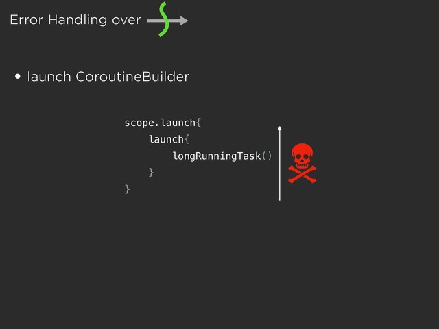 Error Handling over
• launch CoroutineBuilder
scope.launch{
launch{
longRunningTask()
}
}
