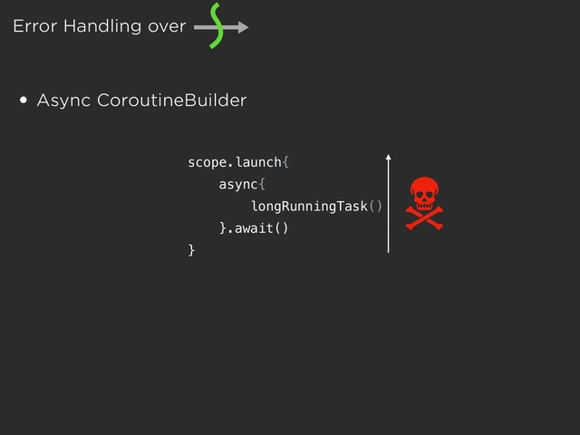 Error Handling over
• Async CoroutineBuilder
scope.launch{
async{
longRunningTask()
}.await()
}
