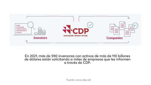 En 2021, más de 590 inversores con activos de más de 110 billones
de dólares están solicitando a miles de empresas que les informen
a través de CDP.
Fuente: www.cdp.net
