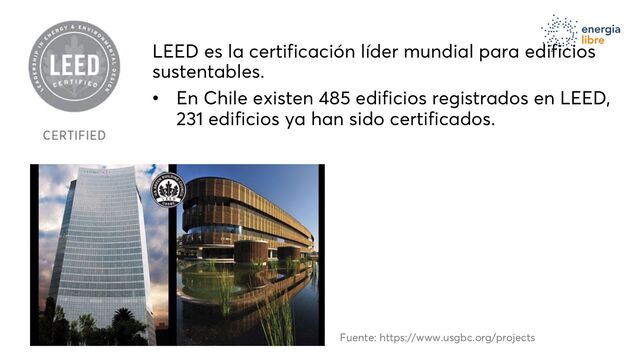 LEED es la certificación líder mundial para edificios
sustentables.
• En Chile existen 485 edificios registrados en LEED,
231 edificios ya han sido certificados.
Fuente: https://www.usgbc.org/projects
