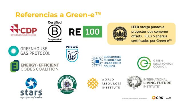 Referencias a Green-e™
PAGE
13
© 2021 Center for Resource Solutions. All rights reserved.
LEED otorga puntos a
proyectos que compren
offsets, RECs o energía
certificados por Green-e™
