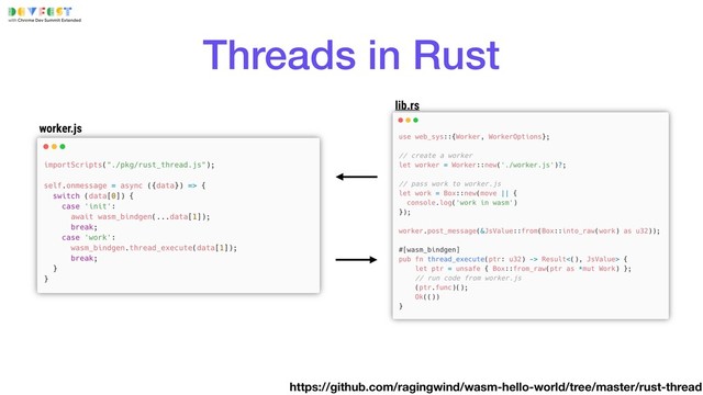 Threads in Rust
https://github.com/ragingwind/wasm-hello-world/tree/master/rust-thread
worker.js
lib.rs
