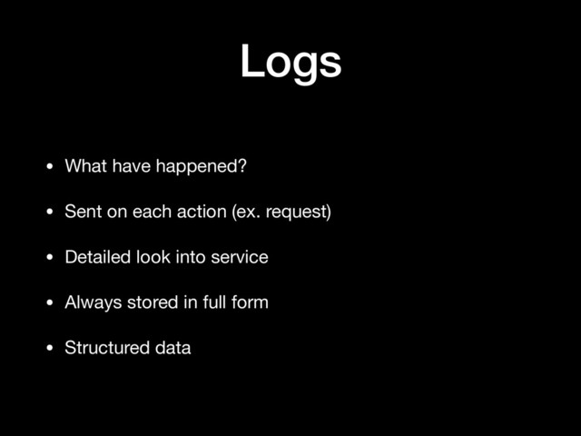 Logs
• What have happened?

• Sent on each action (ex. request)

• Detailed look into service

• Always stored in full form

• Structured data
