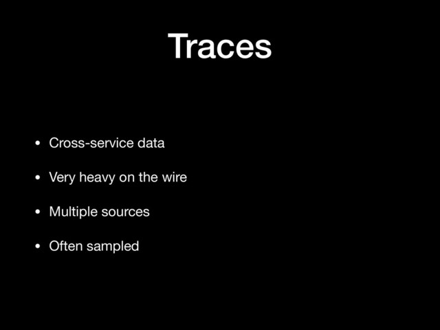 Traces
• Cross-service data

• Very heavy on the wire

• Multiple sources

• Often sampled
