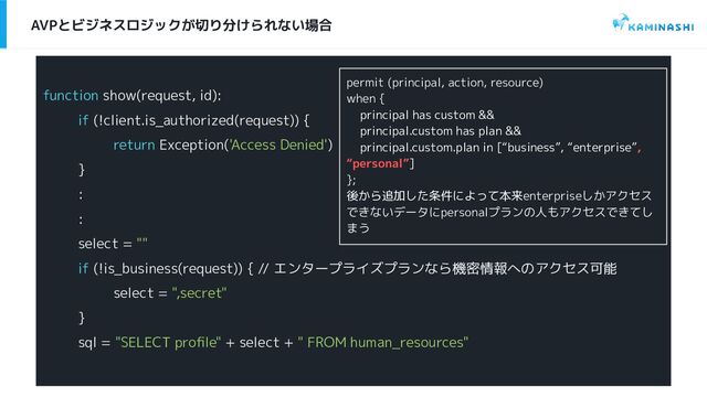 AVPとビジネスロジックが切り分けられない場合
function show(request, id):
if (!client.is_authorized(request)) {
return Exception('Access Denied')
}
:
:
select = ""
if (!is_business(request)) { // エンタープライズプランなら機密情報へのアクセス可能
select = ",secret"
}
sql = "SELECT proﬁle" + select + " FROM human_resources"
permit (principal, action, resource)
when {
principal has custom &&
principal.custom has plan &&
principal.custom.plan in [“business”, “enterprise”,
“personal”]
};　　　　　　　　　　　　
後から追加した条件によって本来enterpriseしかアクセス
できないデータにpersonalプランの人もアクセスできてし
まう

