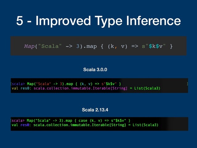 5 - Improved Type Inference
Map("Scala" -> 3).map { (k, v) => s"$k$v" }
Scala 3.0.0
Scala 2.13.4
