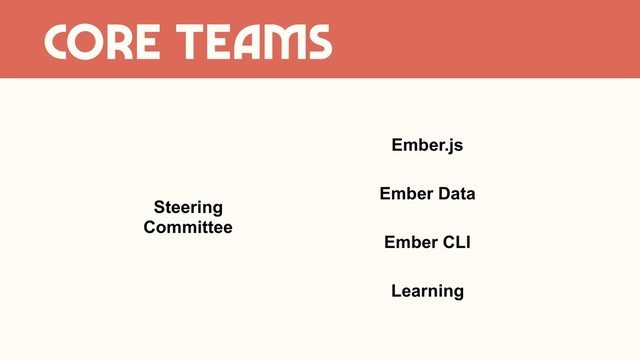 CORE TEAMS
Steering
Committee
Ember.js
Learning
Ember Data
Ember CLI
