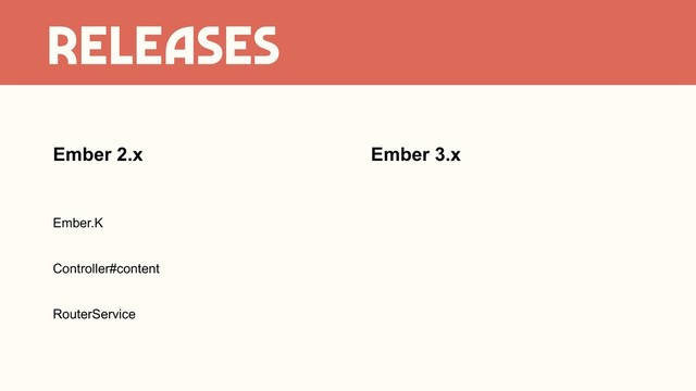 RELEASES
Ember 2.x
Ember.K
Controller#content
RouterService
Ember 3.x
