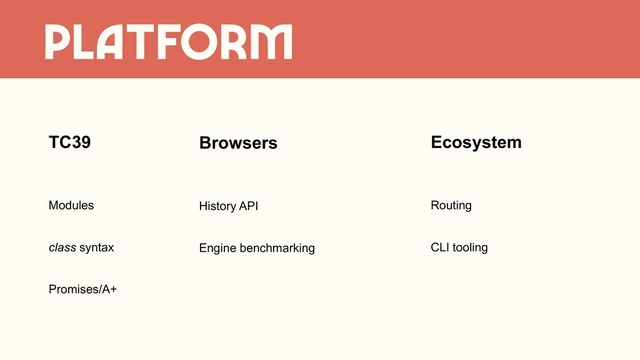 PLATFORM
TC39
Modules
class syntax
Promises/A+
Routing
CLI tooling
Ecosystem
History API
Engine benchmarking
Browsers
