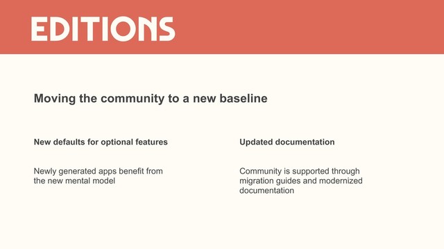 EDITIONS
Moving the community to a new baseline
New defaults for optional features
Newly generated apps benefit from
the new mental model
Updated documentation
Community is supported through
migration guides and modernized
documentation
