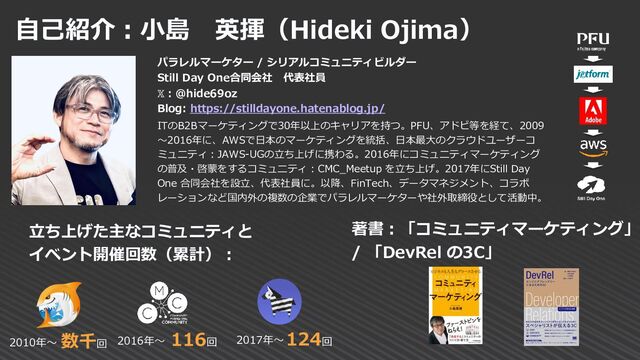 自己紹介：小島 英揮（Hideki Ojima）
ITのB2Bマーケティングで30年以上のキャリアを持つ。PFU、アドビ等を経て、2009
～2016年に、AWSで日本のマーケティングを統括、日本最大のクラウドユーザーコ
ミュニティ：JAWS‐UGの立ち上げに携わる。2016年にコミュニティマーケティング
の普及・啓蒙をするコミュニティ：CMC_Meetup を立ち上げ。2017年にStill Day
One 合同会社を設立、代表社員に。以降、FinTech、データマネジメント、コラボ
レーションなど国内外の複数の企業でパラレルマーケターや社外取締役として活動中。
パラレルマーケター / シリアルコミュニティビルダー
Still Day One合同会社 代表社員
𝕏 : @hide69oz
Blog: https://stilldayone.hatenablog.jp/
立ち上げた主なコミュニティと
イベント開催回数（累計）：
著書：「コミュニティマーケティング」
/ 「DevRel の3C」
2010年～ 2016年～ 2017年～
数千回
116回
124回
