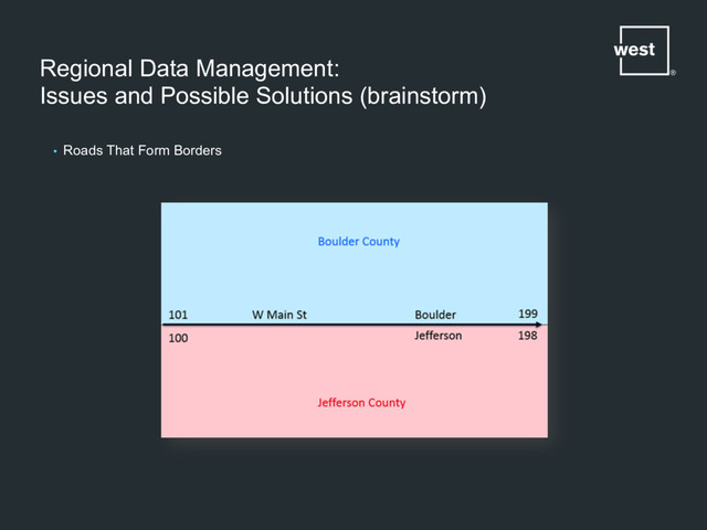 Regional Data Management:
Issues and Possible Solutions (brainstorm)
•  Roads That Form Borders
