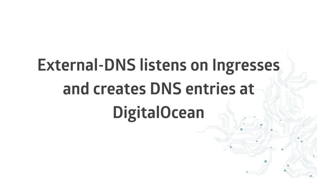 External-DNS listens on Ingresses
and creates DNS entries at
DigitalOcean

