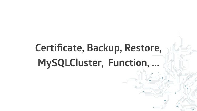 Certiﬁcate, Backup, Restore,
MySQLCluster, Function, ...
