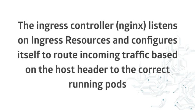 The ingress controller (nginx) listens
on Ingress Resources and conﬁgures
itself to route incoming trafﬁc based
on the host header to the correct
running pods
