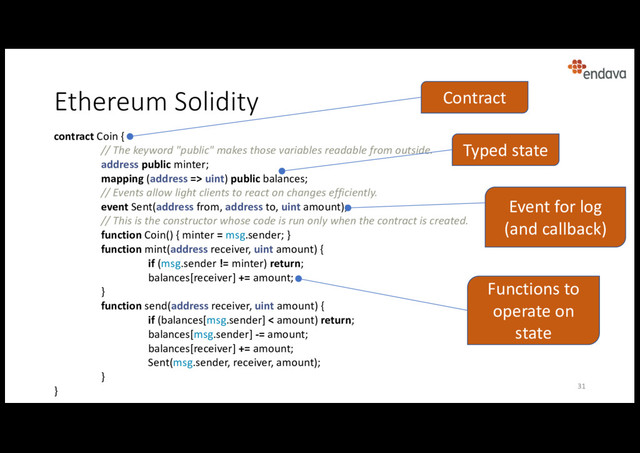 Ethereum Solidity
contract Coin {
// The keyword "public" makes those variables readable from outside.
address public minter;
mapping (address => uint) public balances;
// Events allow light clients to react on changes efficiently.
event Sent(address from, address to, uint amount);
// This is the constructor whose code is run only when the contract is created.
function Coin() { minter = msg.sender; }
function mint(address receiver, uint amount) {
if (msg.sender != minter) return;
balances[receiver] += amount;
}
function send(address receiver, uint amount) {
if (balances[msg.sender] < amount) return;
balances[msg.sender] -= amount;
balances[receiver] += amount;
Sent(msg.sender, receiver, amount);
}
}
Contract
Typed state
Event for log
(and callback)
Functions to
operate on
state
31
