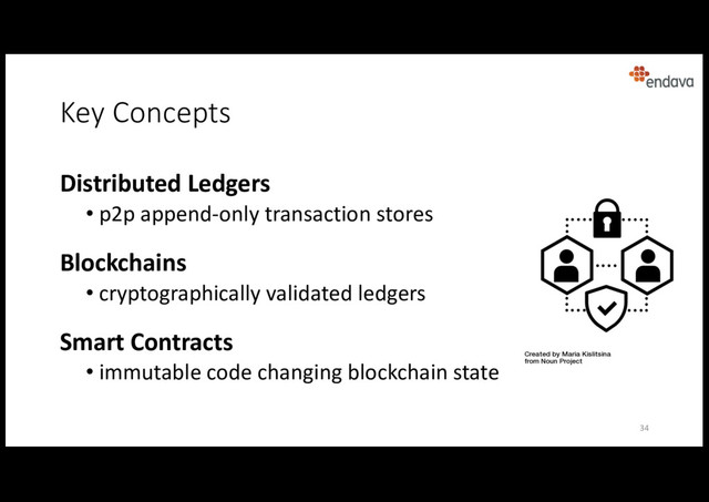 Key Concepts
34
Distributed Ledgers
• p2p append-only transaction stores
Blockchains
• cryptographically validated ledgers
Smart Contracts
• immutable code changing blockchain state
