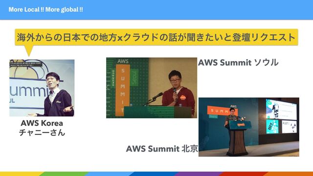 AWS Summit ι΢ϧ
AWS Summit ๺ژ
.PSF-PDBM.PSFHMPCBM
ւ֎͔Βͷ೔ຊͰͷ஍ํxΫϥ΢υͷ࿩͕ฉ͖͍ͨͱొஃϦΫΤετ
AWS Korea


νϟχʔ͞Μ
