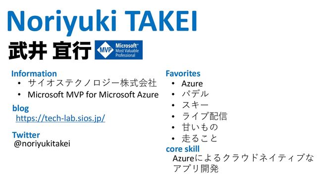 Noriyuki TAKEI
෢Ҫ ٓߦ
Information
• サイオステクノロジー株式会社
• Microsoft MVP for Microsoft Azure
Favorites
• Azure
• パデル
• スキー
• ライブ配信
• ⽢いもの
• ⾛ること
blog
https://tech-lab.sios.jp/
core skill
Azureによるクラウドネイティブな
アプリ開発
Twitter
@noriyukitakei
