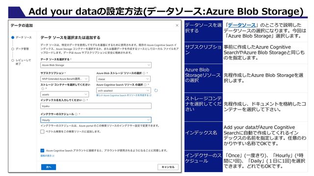 データソースを選
択する
「データソース」のところで説明した
データソースの選択になります。今回は
「Azure Blob Storage」選択します。
サブスクリプショ
ン
事前に作成したAzure Cognitive
SearchやAzure Blob Storageと同じも
のを指定します。
Azure Blob
Storageリソース
の選択
先程作成したAzure Blob Storageを選
択します。
ストレージコンテ
ナを選択してくだ
さい
先程作成し、ドキュメントを格納したコ
ンテナーを選択して下さい。
インデックス名
Add your dataがAzure Cognitive
Searchに⾃動で作成してくれるイン
デックスの名前を指定します。任意のわ
かりやすい名称でOKです。
インデクサーのス
ケジュール
「Once」(⼀度きり)、「Hourly」(¹時
間に¹回)、「Daily」(１⽇に1回)を選択
できます。どれでもOKです。
Add your dataの設定⽅法(データソース:Azure Blob Storage)
