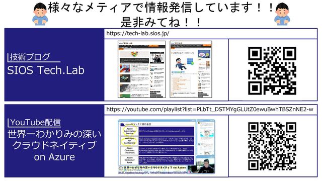 SIOS Tech.Lab
https://tech-lab.sios.jp/
世界⼀わかりみの深い
クラウドネイティブ
on Azure
https://youtube.com/playlist?list=PLbTt_DSTMYgGLUtZ0ewuBwhTBSZnNE2-w
様々なメティアで情報発信しています！！
是非みてね！！
技術ブログ
YouTube配信
