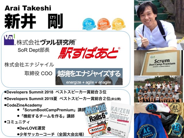 גࣜձࣾΤφδϟΠϧ
৽Ҫ ߶
Arai Takeshi
औక໾ COO


SoR Dept෦௕
•Developers Summit 2018 ϕετεϐʔΧʔ৆૯߹̏Ґ
•Developers Summit 2019Ն ϕετεϐʔΧʔ৆૯߹̎Ґ(ඇެ։)
•CodeZineAcademy
• ʮScrumBootCampPremiumʯߨࢣ
•ʮػೳ͢ΔνʔϜΛ࡞Δʯߨࢣ
•ίϛϡχςΟ
•DevLOVEӡӦ
•গ೥αοΧʔίʔνʢશࠃେձग़৔ʣ
