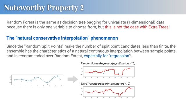 Random Forest is the same as decision tree bagging for univariate (1-dimensional) data
because there is only one variable to choose from, but this is not the case with Extra Trees!
Noteworthy Property 2
ExtraTreesRegressor(n_estimators=10)
RandomForestRegressor(n_estimators=10)
Since the "Random Split Points" make the number of split point candidates less than ﬁnite, the
ensemble has the characteristics of a natural continuous interpolation between sample points,
and is recommended over Random Forest, especially for "regression"!
The “natural conservative interpolation” phenomenon

