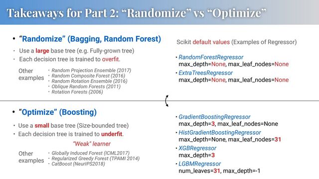 Takeaways for Part 2: “Randomize” vs “Optimize”
‣ RandomForestRegressor
max_depth=None, max_leaf_nodes=None
‣ ExtraTreesRegressor
max_depth=None, max_leaf_nodes=None
‣ GradientBoostingRegressor
max_depth=3, max_leaf_nodes=None
‣ HistGradientBoostingRegressor
max_depth=None, max_leaf_nodes=31
‣ XGBRegressor
max_depth=3
‣ LGBMRegressor
num_leaves=31, max_depth=-1
• Use a large base tree (e.g. Fully-grown tree)
• Each decision tree is trained to overﬁt.
• Use a small base tree (Size-bounded tree)
• Each decision tree is trained to underﬁt.
“Weak" learner
Scikit default values (Examples of Regressor)
• Random Projection Ensemble (2017)
• Random Composite Forest (2016)
• Random Rotation Ensemble (2016)
• Oblique Random Forests (2011)
• Rotation Forests (2006)
Other
examples
• Globally Induced Forest (ICML2017)
• Regularized Greedy Forest (TPAMI 2014)
• CatBoost (NeurIPS2018)
• “Randomize” (Bagging, Random Forest)
• “Optimize” (Boosting)
Other
examples
