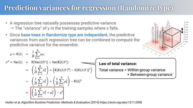 • A regression tree naturally possesses predictive variance
→ The "variance" of y in the training samples where x falls.
• Since base trees in Randomize type are independent, the predictive
variances from each regression tree can be combined to compute the
predictive variance for the ensemble.
Prediction variances for regression (Randomize type)
Law of total variance:
Total variance = Within-group variance
+ Between-group variance
Hutter et al, Algorithm Runtime Prediction: Methods & Evaluation (2014) https://arxiv.org/abs/1211.0906
