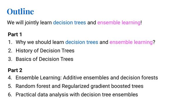 Outline
We will jointly learn decision trees and ensemble learning!
1. Why we should learn decision trees and ensemble learning?
2. History of Decision Trees
3. Basics of Decision Trees
4. Ensemble Learning: Additive ensembles and decision forests
5. Random forest and Regularized gradient boosted trees
6. Practical data analysis with decision tree ensembles
Part 1
Part 2
