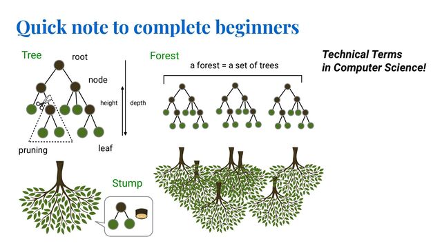 Tree
a forest = a set of trees
Forest
root
leaf
node
pruning
depth
height
Stump
Quick note to complete beginners
Technical Terms
in Computer Science!
