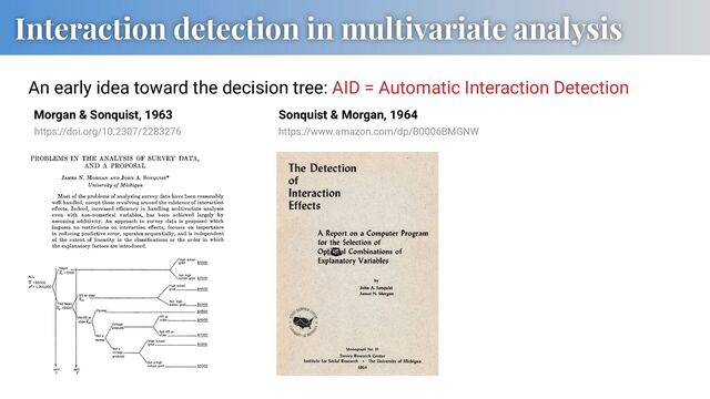 Interaction detection in multivariate analysis
An early idea toward the decision tree: AID = Automatic Interaction Detection
Sonquist & Morgan, 1964
Morgan & Sonquist, 1963
https://doi.org/10.2307/2283276 https://www.amazon.com/dp/B0006BMGNW
