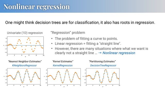 Nonlinear regression
One might think decision trees are for classiﬁcation, it also has roots in regression.
“Regression” problem
• The problem of ﬁtting a curve to points.
• Linear regression = ﬁtting a "straight line".
• However, there are many situations where what we want is
clearly not a straight line … → Nonlinear regression
Univariate (1D) regression
KNeighborsRegressor
“Nearest Neighbor Estimates” “Kernel Estimates” “Partitioning Estimates”
DecisionTreeRegressor
KernelRegression
