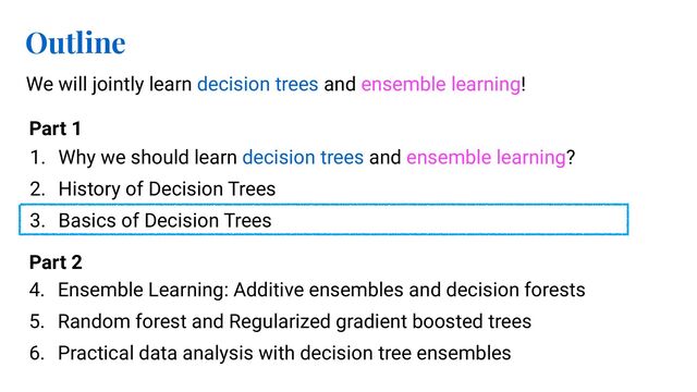 Outline
We will jointly learn decision trees and ensemble learning!
1. Why we should learn decision trees and ensemble learning?
2. History of Decision Trees
3. Basics of Decision Trees
4. Ensemble Learning: Additive ensembles and decision forests
5. Random forest and Regularized gradient boosted trees
6. Practical data analysis with decision tree ensembles
Part 1
Part 2
