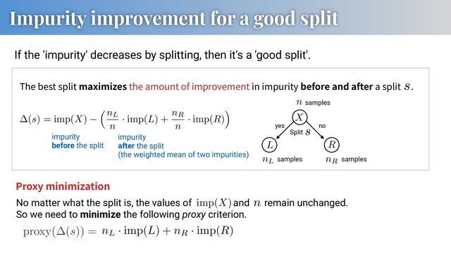 Impurity improvement for a good split
If the 'impurity' decreases by splitting, then it's a 'good split'.
The best split maximizes the amount of improvement in impurity before and after a split .
AAAChHichVG7SgNBFD1ZNcb4SNRGsAmGiIWEiQ8UCwnaWOZhHhBD2F3HuGRf7G4CMfgD2ioWVgoW4gf4ATb+gEU+QSwj2Fh4s1kQDca7zM6ZM/fcOTNXMlXFdhhr+4Sh4RH/aGAsOD4xORUKT8/kbaNuyTwnG6phFSXR5qqi85yjOCovmhYXNUnlBam2290vNLhlK4a+7zRNXtbEqq4cKbLoEJW2K+EoizM3Iv0g4YEovEgZ4Ucc4BAGZNShgUOHQ1iFCJu+EhJgMIkro0WcRUhx9zlOESRtnbI4ZYjE1uhfpVXJY3Vad2varlqmU1QaFikjiLEXds867Jk9sFf2+Wetlluj66VJs9TTcrMSOpvLfvyr0mh2cPytGujZwRE2Xa8KeTddpnsLuadvnFx1sluZWGuR3bI38n/D2uyJbqA33uW7NM9cD/AjkRd6MWpQ4nc7+kF+JZ4gnF6LJne8VgUwjwUsUT82kMQeUshRfY5zXOBS8AvLwqqw3ksVfJ5mFj9C2P4CyLeP6g==
impurity
before the split
AAAChHichVG7SgNBFD1ZNcb4SNRGsAmGiIWEiQ8UCwnaWOZhHhBD2F3HuGRf7G4CMfgD2ioWVgoW4gf4ATb+gEU+QSwj2Fh4s1kQDca7zM6ZM/fcOTNXMlXFdhhr+4Sh4RH/aGAsOD4xORUKT8/kbaNuyTwnG6phFSXR5qqi85yjOCovmhYXNUnlBam2290vNLhlK4a+7zRNXtbEqq4cKbLoEJW2K+EoizM3Iv0g4YEovEgZ4Ucc4BAGZNShgUOHQ1iFCJu+EhJgMIkro0WcRUhx9zlOESRtnbI4ZYjE1uhfpVXJY3Vad2varlqmU1QaFikjiLEXds867Jk9sFf2+Wetlluj66VJs9TTcrMSOpvLfvyr0mh2cPytGujZwRE2Xa8KeTddpnsLuadvnFx1sluZWGuR3bI38n/D2uyJbqA33uW7NM9cD/AjkRd6MWpQ4nc7+kF+JZ4gnF6LJne8VgUwjwUsUT82kMQeUshRfY5zXOBS8AvLwqqw3ksVfJ5mFj9C2P4CyLeP6g==
AAAChnichVG7TgJBFD2sL8QHqI2JDZFgrMhgUIwV0caShzwSJGR3HXDDvrK7kCDxB0xspbDSxML4AX6AjT9gwScYS0xsLLwsmxgl4t3Mzpkz99w5M1cyVcV2GOv5hInJqekZ/2xgbn5hMRhaWi7YRtOSeV42VMMqSaLNVUXneUdxVF4yLS5qksqLUuNgsF9scctWDP3IaZu8ool1XakpsugQldOr2WoowmLMjfAoiHsgAi/SRugRxziBARlNaODQ4RBWIcKmr4w4GEziKugQZxFS3H2OcwRI26QsThkisQ3612lV9lid1oOatquW6RSVhkXKMKLshd2zPntmD+yVff5Zq+PWGHhp0ywNtdysBi9Wcx//qjSaHZx+q8Z6dlDDrutVIe+mywxuIQ/1rbNuP7eXjXY22C17I/83rMee6AZ6612+y/Ds9Rg/EnmhF6MGxX+3YxQUtmLxnVgik4ik9r1W+bGGdWxSP5JI4RBp5Kl+HZe4QlfwCzFhW0gOUwWfp1nBjxBSX4V+kLM=
nR
AAAChnichVG7TgJBFD2sL8QHqI2JDZFgrMhgUIwV0cbCgoc8EiRkdx1xw76yu5Ag8QdMbKWw0sTC+AF+gI0/YMEnGEtMbCy8LJsYJeLdzM6ZM/fcOTNXMlXFdhjr+oSx8YnJKf90YGZ2bj4YWlgs2EbDknleNlTDKkmizVVF53lHcVReMi0uapLKi1J9r79fbHLLVgz90GmZvKKJNV05UWTRISqnVw+qoQiLMTfCwyDugQi8SBuhRxzhGAZkNKCBQ4dDWIUIm74y4mAwiaugTZxFSHH3Oc4RIG2DsjhliMTW6V+jVdljdVr3a9quWqZTVBoWKcOIshd2z3rsmT2wV/b5Z622W6PvpUWzNNBysxq8WM59/KvSaHZw+q0a6dnBCbZdrwp5N12mfwt5oG+edXq5nWy0vcZu2Rv5v2Fd9kQ30Jvv8l2GZ69H+JHIC70YNSj+ux3DoLARi2/FEplEJLXrtcqPFaxinfqRRAr7SCNP9Wu4xBU6gl+ICZtCcpAq+DzNEn6EkPoCeL6QrQ==
nL
AAAChHichVHLTsJAFD3UF+ID1I2JGyLBuDBkUHzEhSG6cclDHgkS0tYBG0rbtIUEiT+gW40LV5q4MH6AH+DGH3DBJxiXmLhx4aU0MUrE20znzJl77pyZKxmqYtmMtT3C0PDI6Jh33DcxOTXtD8zMZi29bso8I+uqbuYl0eKqovGMrdgqzxsmF2uSynNSda+7n2tw01J07cBuGrxYEyuaUlZk0SYqqZUCIRZhTgT7QdQFIbiR0AOPOMQRdMioowYODTZhFSIs+gqIgsEgrogWcSYhxdnnOIWPtHXK4pQhElulf4VWBZfVaN2taTlqmU5RaZikDCLMXtg967Bn9sBe2eeftVpOja6XJs1ST8uNkv9sPv3xr6pGs43jb9VAzzbK2HK8KuTdcJjuLeSevnFy1Ulvp8KtJXbL3sj/DWuzJ7qB1niX75I8dT3Aj0Re6MWoQdHf7egH2dVIdCMSS8ZC8V23VV4sYBHL1I9NxLGPBDJUn+McF7gURoUVYU1Y76UKHlczhx8h7HwBwQOP7g==
n
AAAChHichVG7SgNBFD1ZNcZ31EawCQbFQsJE4wMLCdpYWJjERCGK7K6TOLjZXXYngRj8AW0VCysFC/ED/AAbf8AinyCWEWwsvNksiAb1LrNz5sw9d87M1WxDuJKxekDp6OwKdod6evv6BwaHwsMjOdcqOzrP6pZhOTua6nJDmDwrhTT4ju1wtaQZfFs7Wmvub1e44wrL3JJVm++V1KIpCkJXJVGpjf1wlMWYF5F2EPdBFH5sWuEH7OIAFnSUUQKHCUnYgAqXvjziYLCJ20ONOIeQ8PY5TtBL2jJlccpQiT2if5FWeZ81ad2s6XpqnU4xaDikjGCSPbM71mBP7J69sI9fa9W8Gk0vVZq1lpbb+0OnY5n3f1UlmiUOv1R/epYoYMnzKsi77THNW+gtfeX4spFZTk/WptgNeyX/16zOHukGZuVNv03x9NUffjTyQi9GDYr/bEc7yM3G4guxRCoRTa76rQphHBOYpn4sIol1bCJL9TnOcI4LJajMKHPKfCtVCfiaUXwLZeUTeMOPzA==
L AAAChHichVHLTsJAFD3UF+ID1I2JGyLBuDBkUHzEhSG6cclDHgkS0tYBG0rbtIUEiT+gW40LV5q4MH6AH+DGH3DBJxiXmLhx4aU0MUrE20znzJl77pyZKxmqYtmMtT3C0PDI6Jh33DcxOTXtD8zMZi29bso8I+uqbuYl0eKqovGMrdgqzxsmF2uSynNSda+7n2tw01J07cBuGrxYEyuaUlZk0SYqmSoFQizCnAj2g6gLQnAjoQcecYgj6JBRRw0cGmzCKkRY9BUQBYNBXBEt4kxCirPPcQofaeuUxSlDJLZK/wqtCi6r0bpb03LUMp2i0jBJGUSYvbB71mHP7IG9ss8/a7WcGl0vTZqlnpYbJf/ZfPrjX1WNZhvH36qBnm2UseV4Vci74TDdW8g9fePkqpPeToVbS+yWvZH/G9ZmT3QDrfEu3yV56nqAH4m80ItRg6K/29EPsquR6EYkloyF4rtuq7xYwCKWqR+biGMfCWSoPsc5LnApjAorwpqw3ksVPK5mDj9C2PkChYOP0g==
R
AAAChHichVHLTsJAFD3UF+ID1I2JGyLBuDBkUHzEhSG6cclDHgkS0tYBG0rbtIUEiT+gW40LV5q4MH6AH+DGH3DBJxiXmLhx4aU0MUrE20znzJl77pyZKxmqYtmMtT3C0PDI6Jh33DcxOTXtD8zMZi29bso8I+uqbuYl0eKqovGMrdgqzxsmF2uSynNSda+7n2tw01J07cBuGrxYEyuaUlZk0SYqmS8FQizCnAj2g6gLQnAjoQcecYgj6JBRRw0cGmzCKkRY9BUQBYNBXBEt4kxCirPPcQofaeuUxSlDJLZK/wqtCi6r0bpb03LUMp2i0jBJGUSYvbB71mHP7IG9ss8/a7WcGl0vTZqlnpYbJf/ZfPrjX1WNZhvH36qBnm2UseV4Vci74TDdW8g9fePkqpPeToVbS+yWvZH/G9ZmT3QDrfEu3yV56nqAH4m80ItRg6K/29EPsquR6EYkloyF4rtuq7xYwCKWqR+biGMfCWSoPsc5LnApjAorwpqw3ksVPK5mDj9C2PkCkkOP2A==
X
samples
yes no
AAAC93ichVFPSxtBFH9ZW01t1aiXgpelwZJFDBMRFaEg1YMHDxobDbgSZsdJMjj7h9lJIF3yBfwCHjwUCxWlJ09+AC9+gYJ+BOnRQi+l9GWzRVTUt8zOm9/8fm9+M88JpAg1IVcpo+fFy96+9Kv+128GBocywyMbod9QjJeYL31VdmjIpfB4SQsteTlQnLqO5JvO7mJnf7PJVSh875NuBXzbpTVPVAWjGqFKRtlLXGqaCy3zg2m7VNeVGwk3aOfKljlp2pJXdc6uKsoir7LSjry2zXZ8fZe6YpkT5n9S8RFS0bKVqNW1VclkSZ7EYT5MCkmShSRW/cwZ2LADPjBogAscPNCYS6AQ4rcFBSAQILYNEWIKMxHvc2hDP2obyOLIoIju4r+Gq60E9XDdqRnGaoanSBwKlSaMkx/khNyQC/KdXJM/j9aK4hodLy2cna6WB5Whvbfrv59VuThrqN+qnvSsoQpzsVeB3oMY6dyCdfXNz/s36/PF8eg9+Up+ov9DckXO8QZe8xf7tsaLB0/4cdALvhg2qHC/HQ+Tjal8YSY/vTadXfiYtCoNY/AOctiPWViAZViFEta/hL+pvlTaaBlfjCPjuEs1UolmFO6EcfoPe5i70A==
(s) = imp(X)
⇣nL
n
· imp(L) +
nR
n
· imp(R)
⌘
samples samples
Split
impurity
after the split
(the weighted mean of two impurities)
AAACunichVG7SgNBFD2u73fURrBZDIoihIn4QixEGwsLjUYDiSy7m4kO2Re7k4AGf8AfsLBSsBA/wFpsRGsLP0EsFWwsvNksiK94l905c+49d8/MNTxLBJKxxwalsam5pbWtvaOzq7unN9bXvxW4Jd/kadO1XD9j6AG3hMPTUkiLZzyf67Zh8W2juFzNb5e5HwjX2ZT7Ht+x9V1HFISpS6K02LSjrao5M+9KNWfrcs+3K8L2DsdWx9UJ1dFSv+VS41oszhIsDPUnSEYgjijW3NgVcsjDhYkSbHA4kIQt6AjoySIJBo+4HVSI8wmJMM9xiA7SlqiKU4VObJG+u7TLRqxD+2rPIFSb9BeLXp+UKkbYA7tgL+yWXbIn9v5nr0rYo+pln1ajpuWe1ns0uPH2r8qmVWLvU1XXs0QBc6FXQd69kKmewqzpywfHLxvzqZHKKDtjz+T/lD2yGzqBU341z9d56qSOH4O80I3RgJLfx/ETbE0mkjOJqfWp+OJSNKo2DGEYYzSPWSxiBWtIU/8TXOMO98qCYihCKdZKlYZIM4AvocgPt/Okbg==
nL
· imp(L) + nR
· imp(R)
AAACE3icdVDLSgMxFM34rPU16rKbYBHaTZkp9bERirpwWcE+oFNKJs20oclkSDLiMHThR/gNbnXtTtz6AS79E9OHYH0cuHA4517uvcePGFXacd6thcWl5ZXVzFp2fWNza9ve2W0oEUtM6lgwIVs+UoTRkNQ11Yy0IkkQ9xlp+sPzsd+8IVJREV7rJCIdjvohDShG2khdO+dxpAeSp5EUt8mo4F0QplFBFYvwtGvnnVL50DGAv4lbcibIgxlqXfvD6wkccxJqzJBSbdeJdCdFUlPMyCjrxYpECA9Rn7QNDREnqpNOnhjBA6P0YCCkqVDDifp9IkVcqYT7pnN8svrpjcW/vHasg5NOSsMo1iTE00VBzKAWcJwI7FFJsGaJIQhLam6FeIAkwtrkNrfF5yOTydfj8H/SKJfco1LlqpKvns3SyYAc2AcF4IJjUAWXoAbqAIM78AAewZN1bz1bL9brtHXBms3sgTlYb588FJ5E
proxy( (s)) =
Proxy minimization
No matter what the split is, the values of and remain unchanged.
So we need to minimize the following proxy criterion.
AAACB3icbVDLSsNAFL2pr1ofjbp0M1iEuimJ+FoW3bisYB/QhjKZTtqhM0mYmQgl9AP8Bre6didu/QyX/omTNgvbeuDC4Zx7uYfjx5wp7TjfVmFtfWNzq7hd2tnd2y/bB4ctFSWS0CaJeCQ7PlaUs5A2NdOcdmJJsfA5bfvju8xvP1GpWBQ+6klMPYGHIQsYwdpIfbvcE1iPpEiZiKfVzlnfrjg1Zwa0StycVCBHo2//9AYRSQQNNeFYqa7rxNpLsdSMcDot9RJFY0zGeEi7hoZYUOWls+BTdGqUAQoiaSbUaKb+vUixUGoifLOZxVTLXib+53UTHdx4KQvjRNOQzB8FCUc6QlkLaMAkJZpPDMFEMpMVkRGWmGjT1cIXX0xNJ+5yA6ukdV5zr2qXDxeV+m3eThGO4QSq4MI11OEeGtAEAgm8wCu8Wc/Wu/Vhfc5XC1Z+cwQLsL5+AZ1Wma0=
imp(X) AAAB93icbVDLSgNBEOyNrxhfUY9eFoPgKeyKr2PQi8cEzAOSJcxOepMhM7PLzKywhHyBVz17E69+jkf/xEmyBxMtaCiquunuChPOtPG8L6ewtr6xuVXcLu3s7u0flA+PWjpOFcUmjXmsOiHRyJnEpmGGYydRSETIsR2O72d++wmVZrF8NFmCgSBDySJGibFSQ/bLFa/qzeH+JX5OKpCj3i9/9wYxTQVKQznRuut7iQkmRBlGOU5LvVRjQuiYDLFrqSQCdTCZHzp1z6wycKNY2ZLGnau/JyZEaJ2J0HYKYkZ61ZuJ/3nd1ES3wYTJJDUo6WJRlHLXxO7sa3fAFFLDM0sIVcze6tIRUYQam83SllBMbSb+agJ/Seui6l9XrxqXldpdnk4RTuAUzsGHG6jBA9ShCRQQnuEFXp3MeXPenY9Fa8HJZ45hCc7nD37Lk5I=
n
