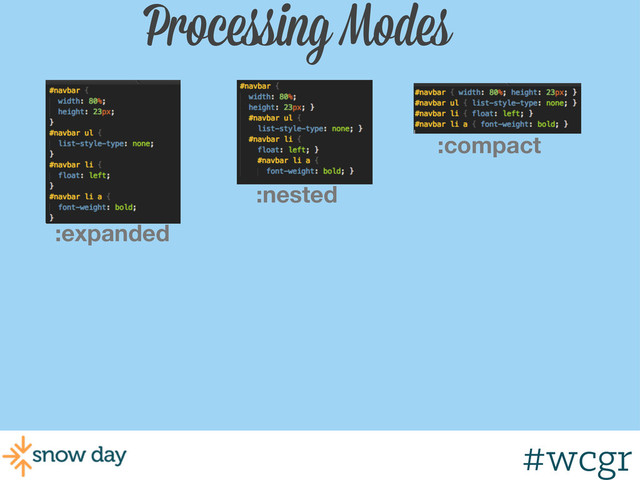 #wcgr
Processing Modes
:nested
:expanded
:compact
#wcgr
