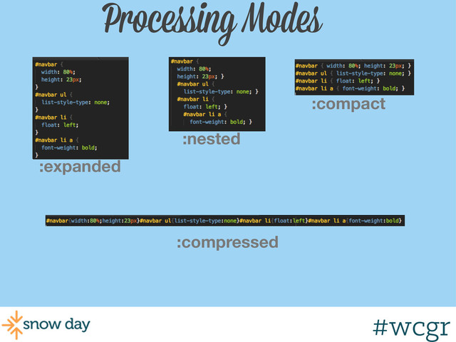 #wcgr
Processing Modes
:nested
:expanded
:compact
:compressed
#wcgr
