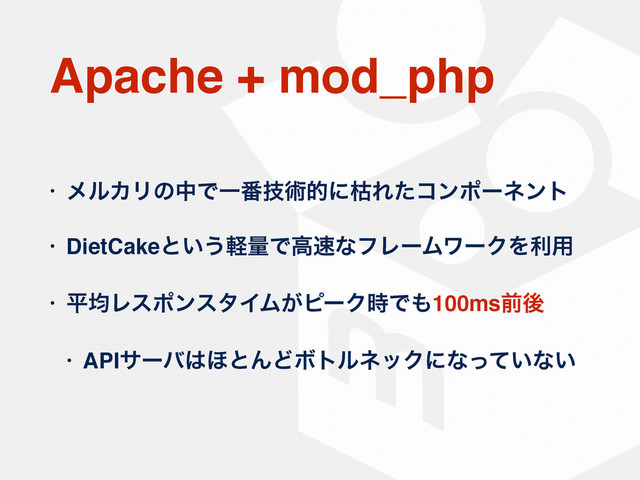 Apache + mod_php
• ϝϧΧϦͷதͰҰ൪ٕज़తʹރΕͨίϯϙʔωϯτ
• DietCakeͱ͍͏ܰྔͰߴ଎ͳϑϨʔϜϫʔΫΛར༻
• ฏۉϨεϙϯελΠϜ͕ϐʔΫ࣌Ͱ΋100msલޙ
• APIαʔό͸΄ͱΜͲϘτϧωοΫʹͳ͍ͬͯͳ͍
