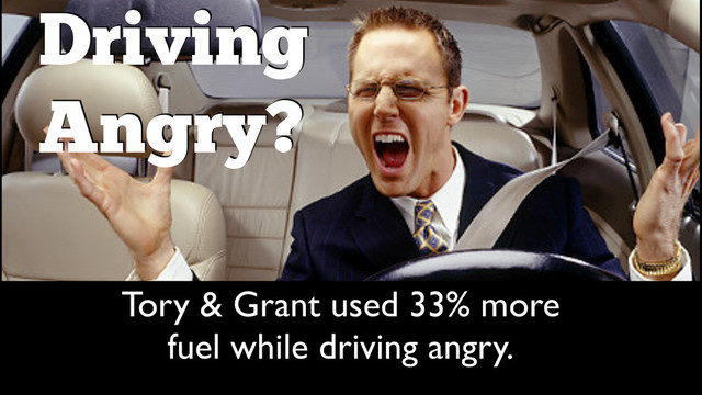 After Testing, Tory & Grant Used	

33% More Fuel While Driving Angry
Driving
Angry?
Tory & Grant used 33% more 	

fuel while driving angry.	

