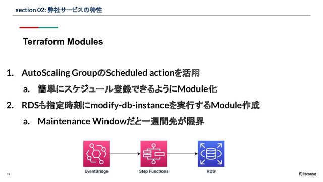 19
section 02: 弊社サービスの特性
Terraform Modules
1. AutoScaling GroupのScheduled actionを活用
a. 簡単にスケジュール登録できるようにModule化
2. RDSも指定時刻にmodify-db-instanceを実行するModule作成
a. Maintenance Windowだと一週間先が限界
