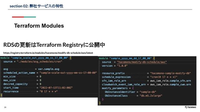 20
section 02: 弊社サービスの特性
Terraform Modules
RDSの更新はTerraform Registryに公開中
https://registry.terraform.io/modules/hacomono/modify-db-schedule/aws/latest

