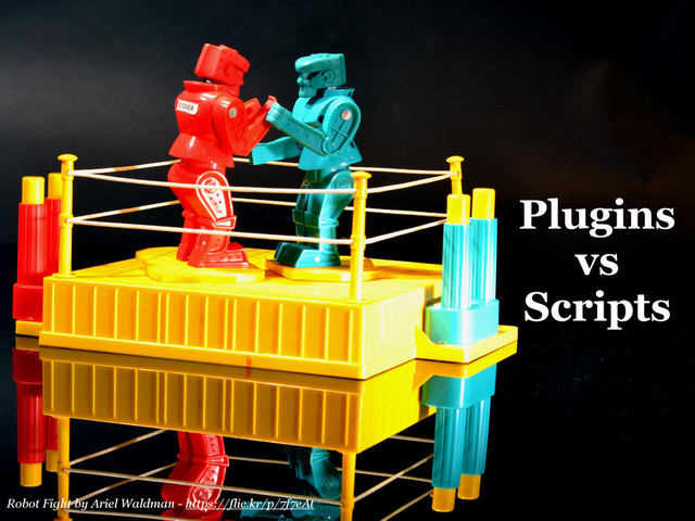 Plugins
vs
Scripts
Robot Fight by Ariel Waldman - https://flic.kr/p/7f7eAt
