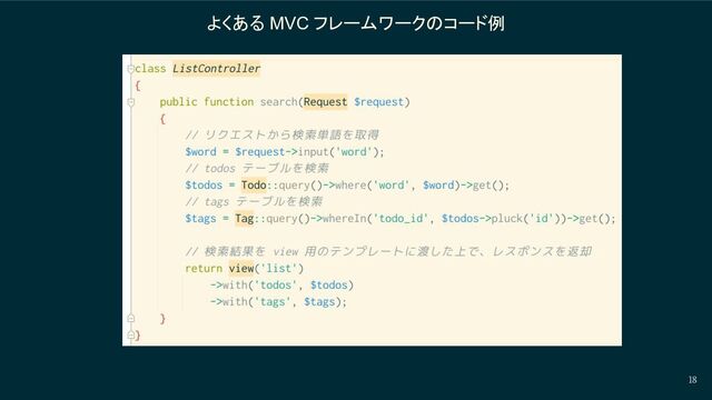 18
よくある MVC フレームワークのコード例
