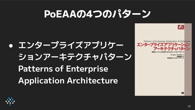 PoEAAの4つのパターン
● エンタープライズアプリケー
ションアーキテクチャパターン
Patterns of Enterprise
Application Architecture
12
