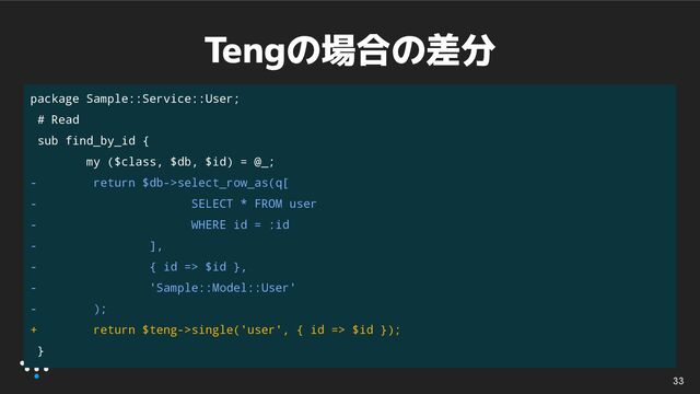 Tengの場合の差分
33
package Sample::Service::User;
# Read
sub find_by_id {
my ($class, $db, $id) = @_;
- return $db->select_row_as(q[
- SELECT * FROM user
- WHERE id = :id
- ],
- { id => $id },
- 'Sample::Model::User'
- );
+ return $teng->single('user', { id => $id });
}
