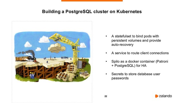 22
Building a PostgreSQL cluster on Kubernetes
• A statefulset to bind pods with
persistent volumes and provide
auto-recovery
• A service to route client connections
• Spilo as a docker container (Patroni
+ PostgreSQL) for HA
• Secrets to store database user
passwords
