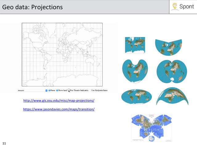 11
Geo data: Projections
http://www.gis.osu.edu/misc/map-projections/
https://www.jasondavies.com/maps/transition/
