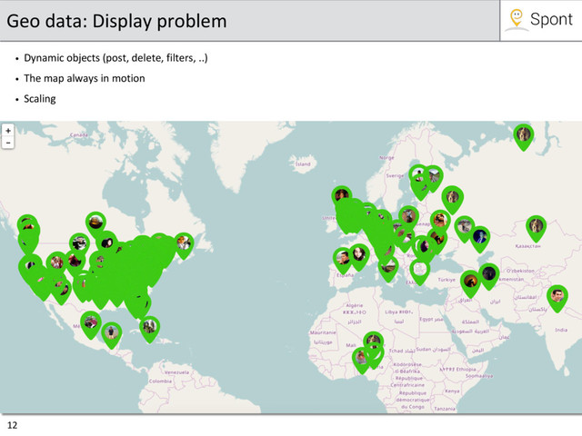 12
Geo data: Display problem
• Dynamic objects (post, delete, filters, ..)
• The map always in motion
• Scaling
